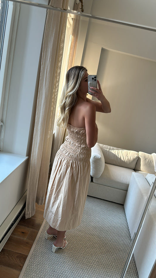 REVOLVE Majorelle Strapless Beige Ruched Dress