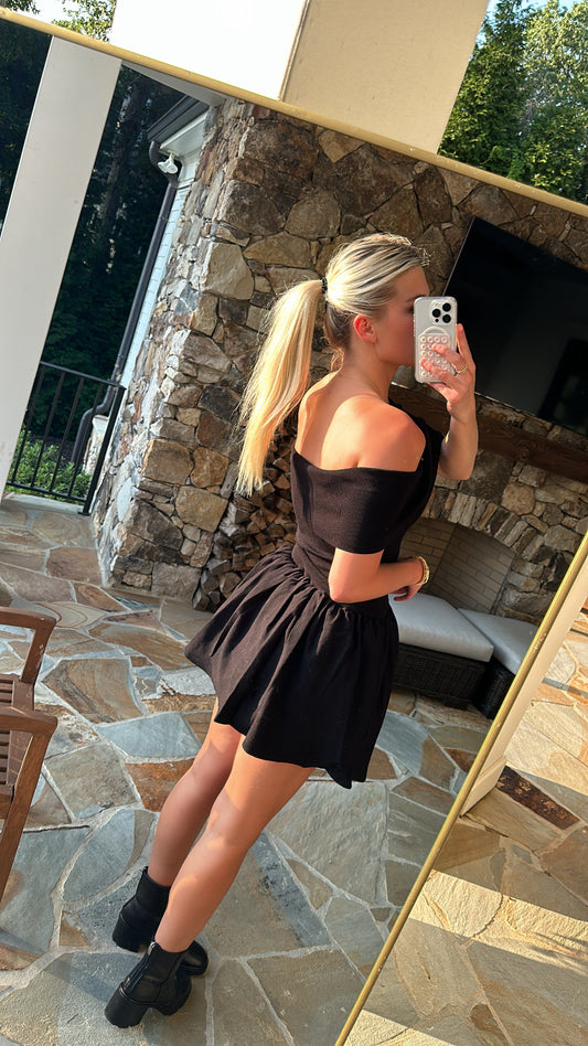 Off Shoulder Foldover Black Mini Dress