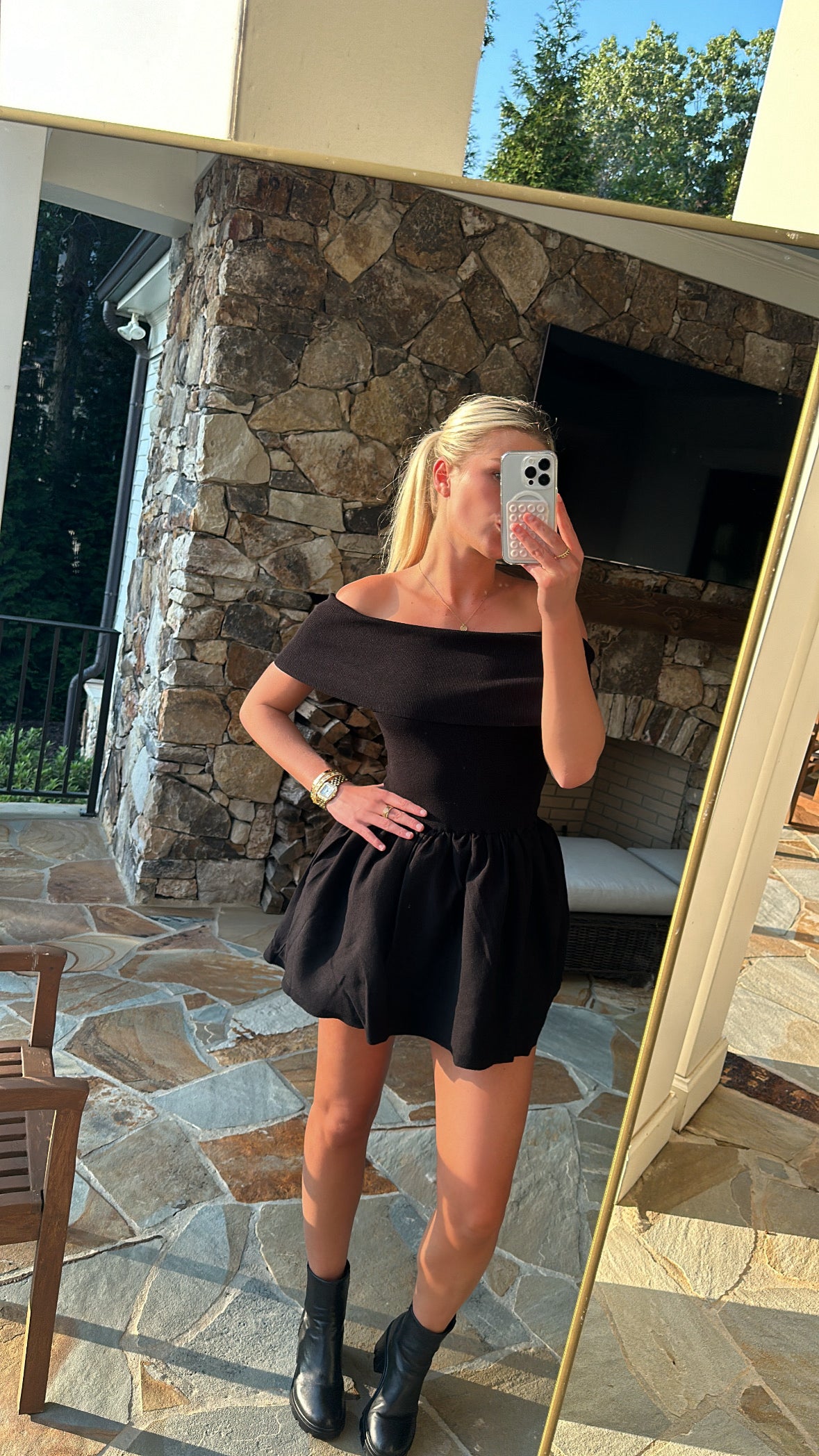 Off Shoulder Foldover Black Mini Dress