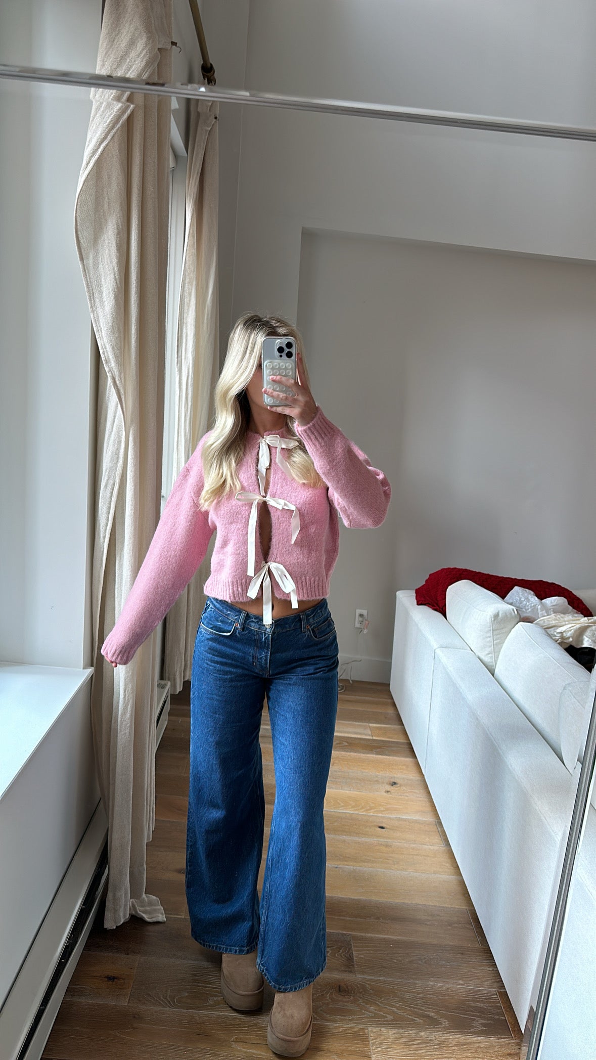 Baby Pink Sweater With Bow Ribbon Ties