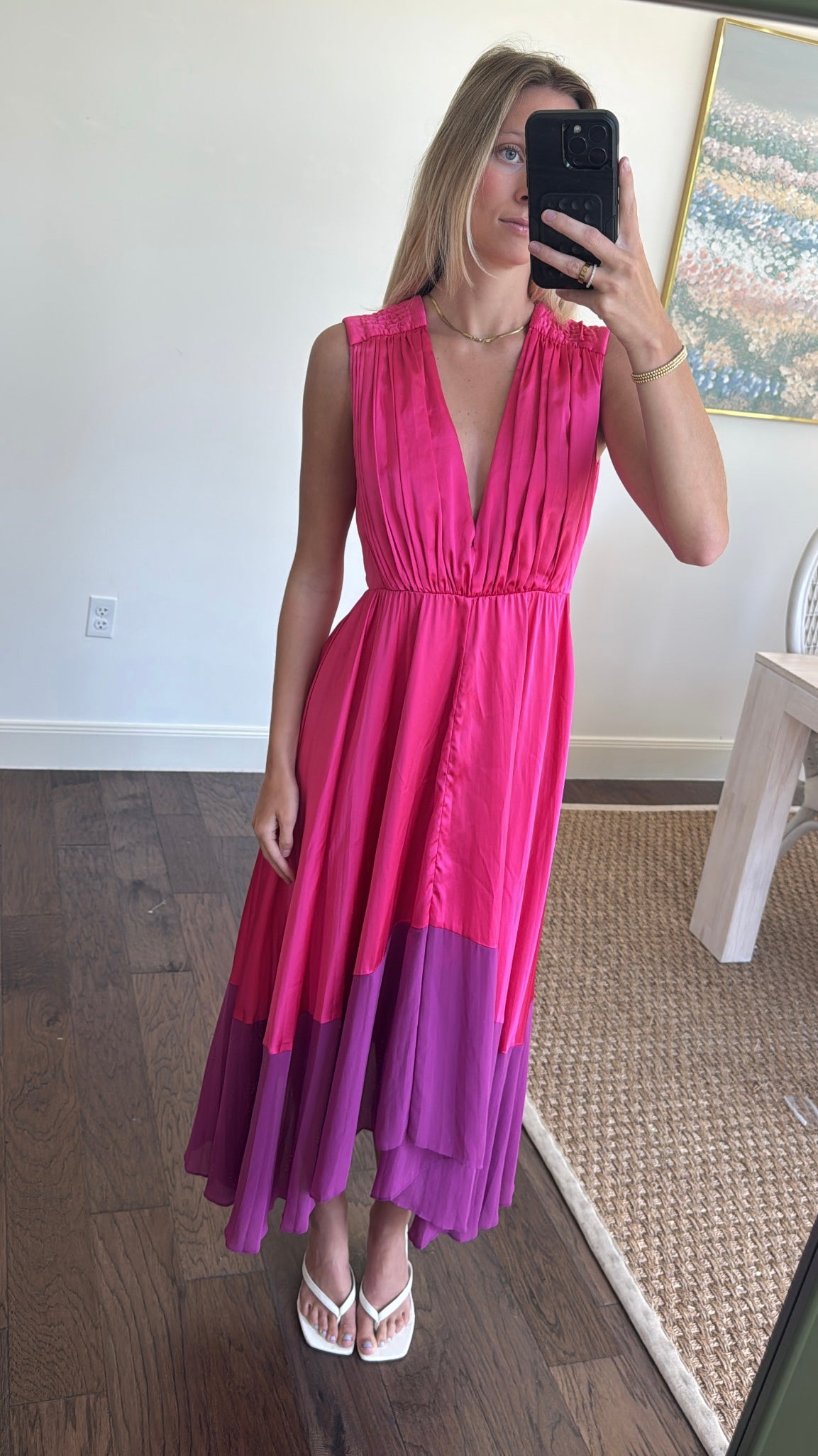AMUR Pink & Purple Color-Block Midi Dress