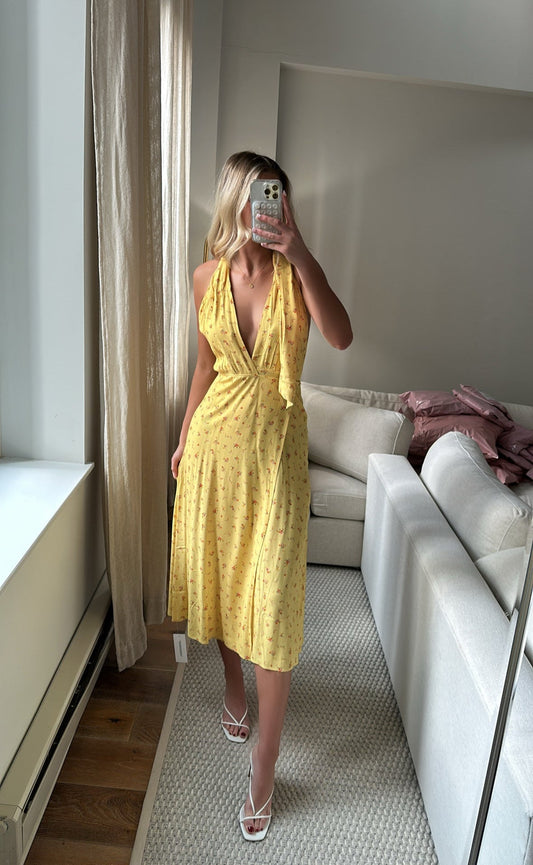 Rumored Yellow Floral Maxi Dress with Open Back
