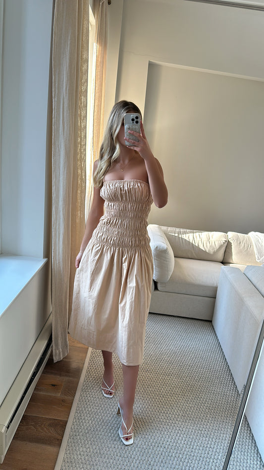 REVOLVE Majorelle Strapless Beige Ruched Dress