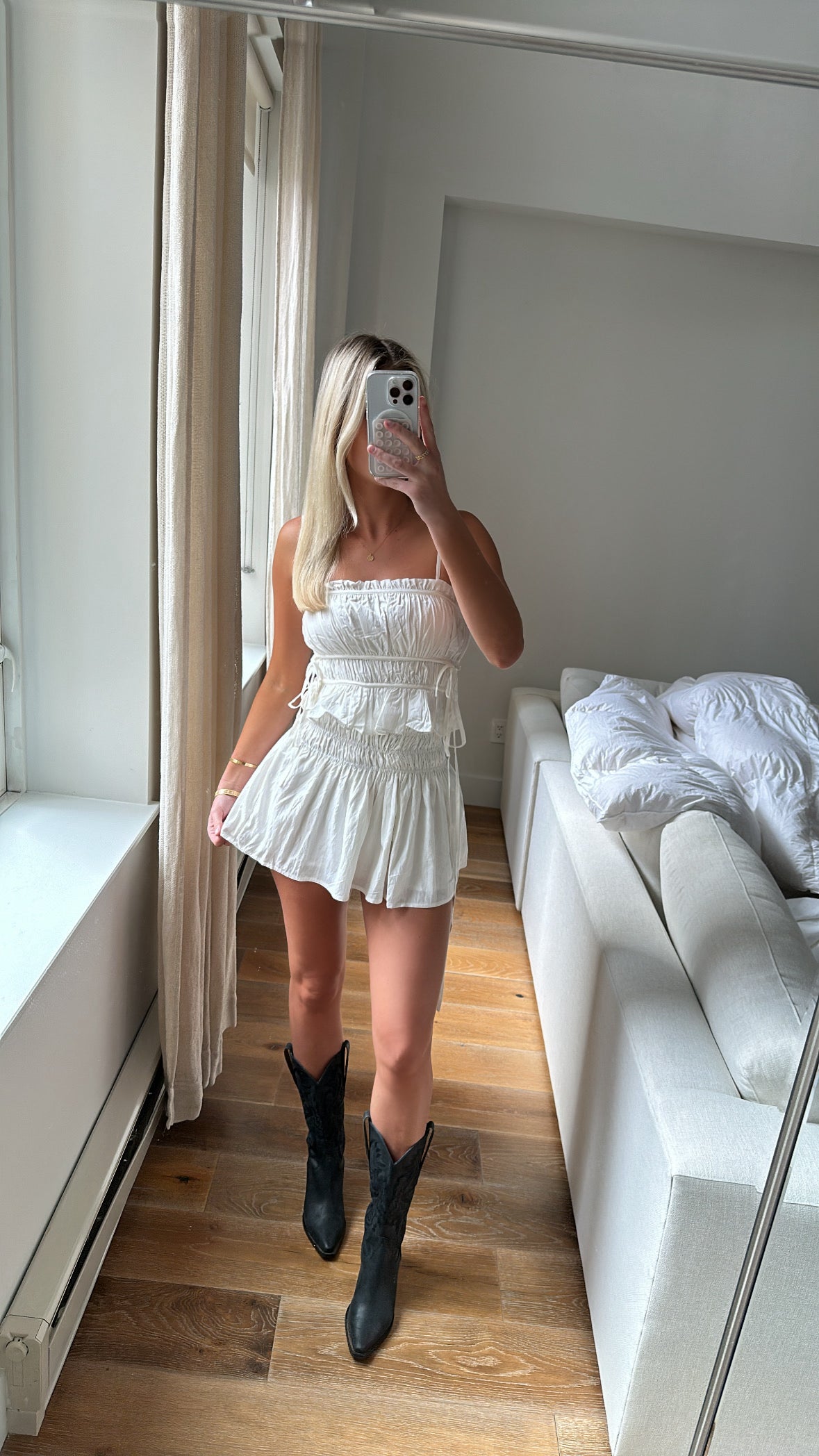 White Ruched Top And Mini Skirt Set