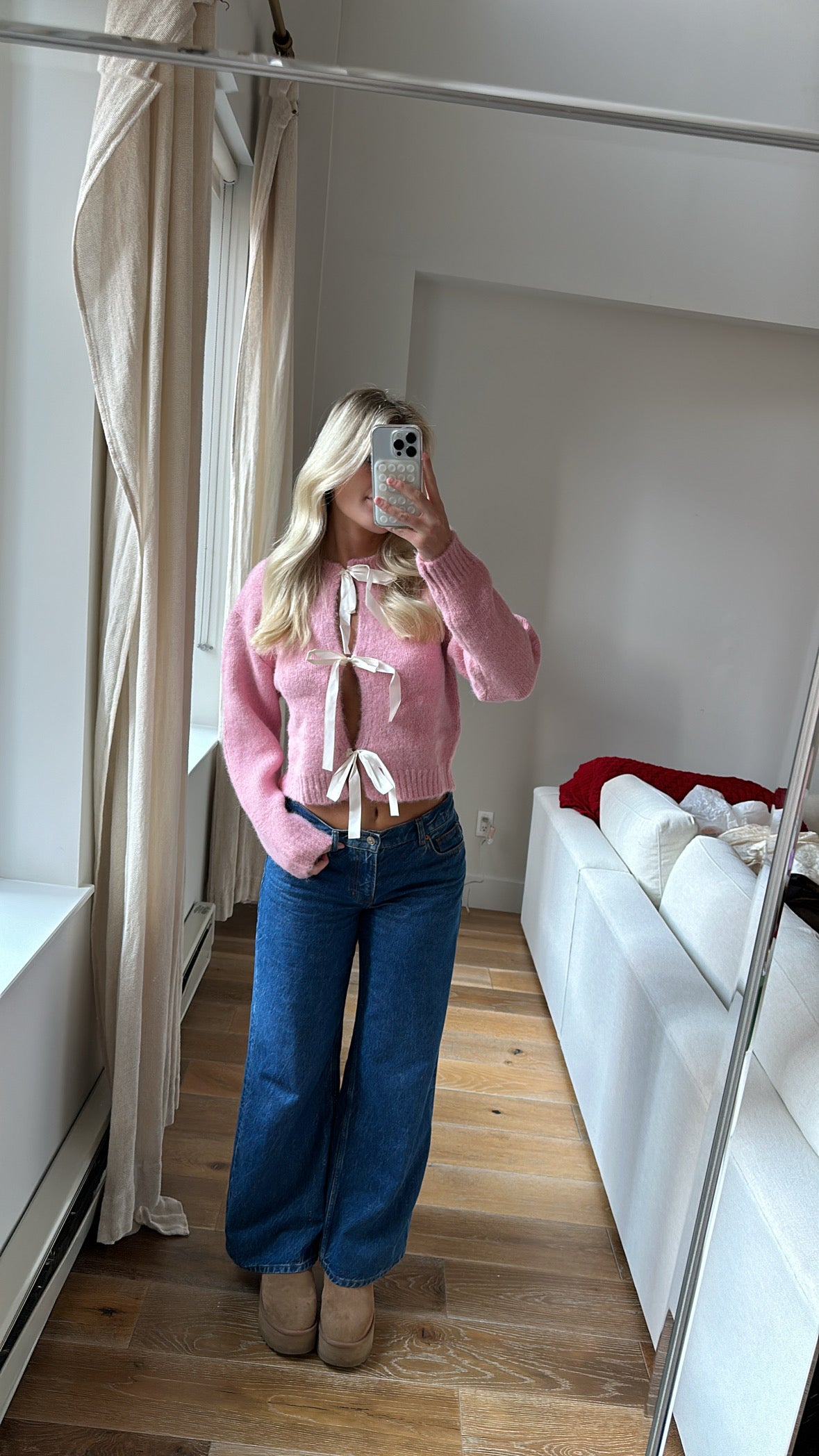 Baby Pink Sweater With Bow Ribbon Ties