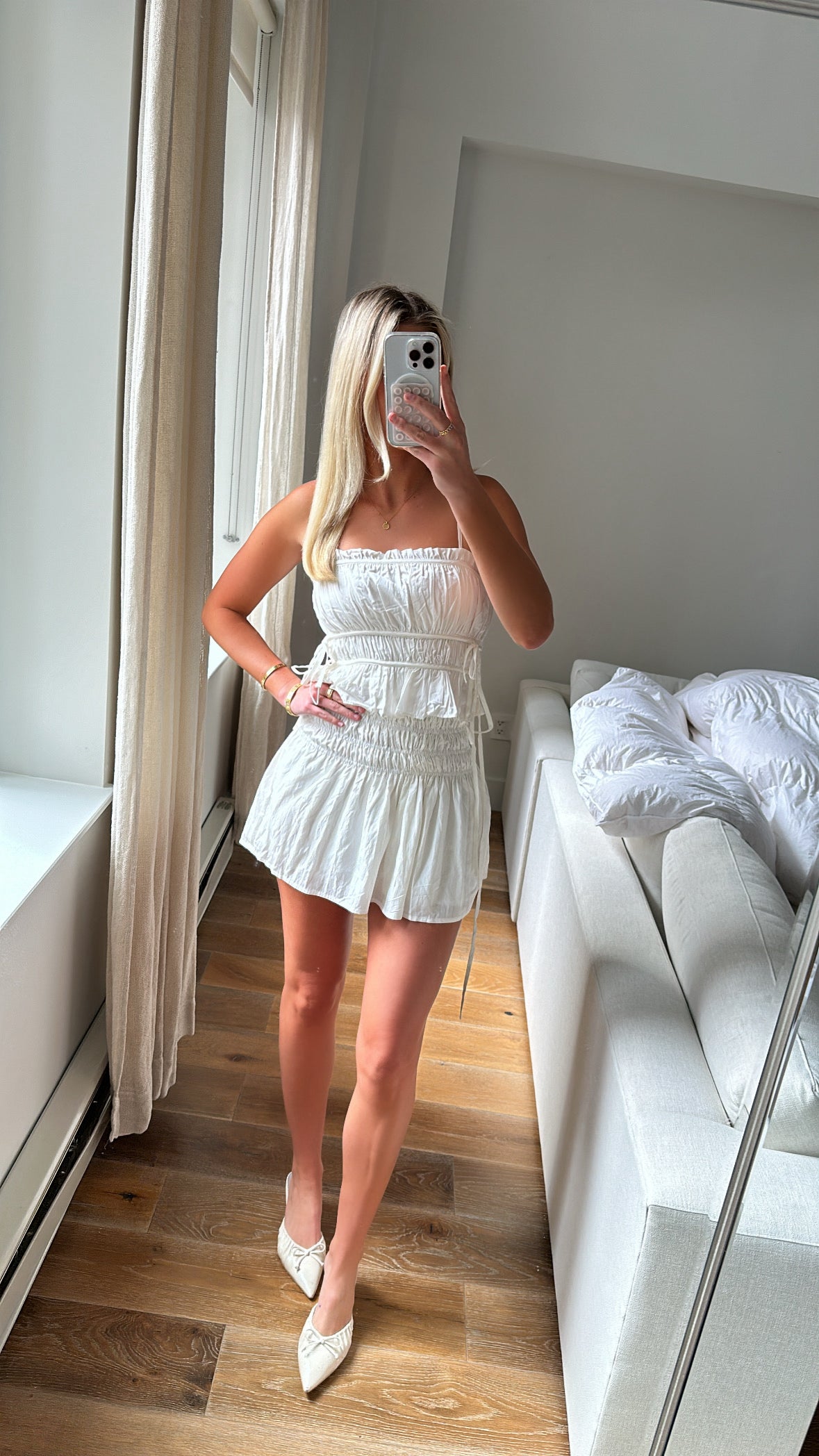 White Ruched Top And Mini Skirt Set