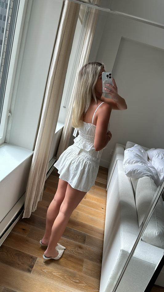 White Ruched Top And Mini Skirt Set