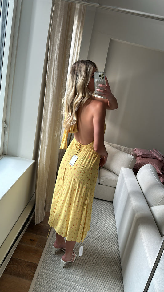 Rumored Yellow Floral Maxi Dress with Open Back