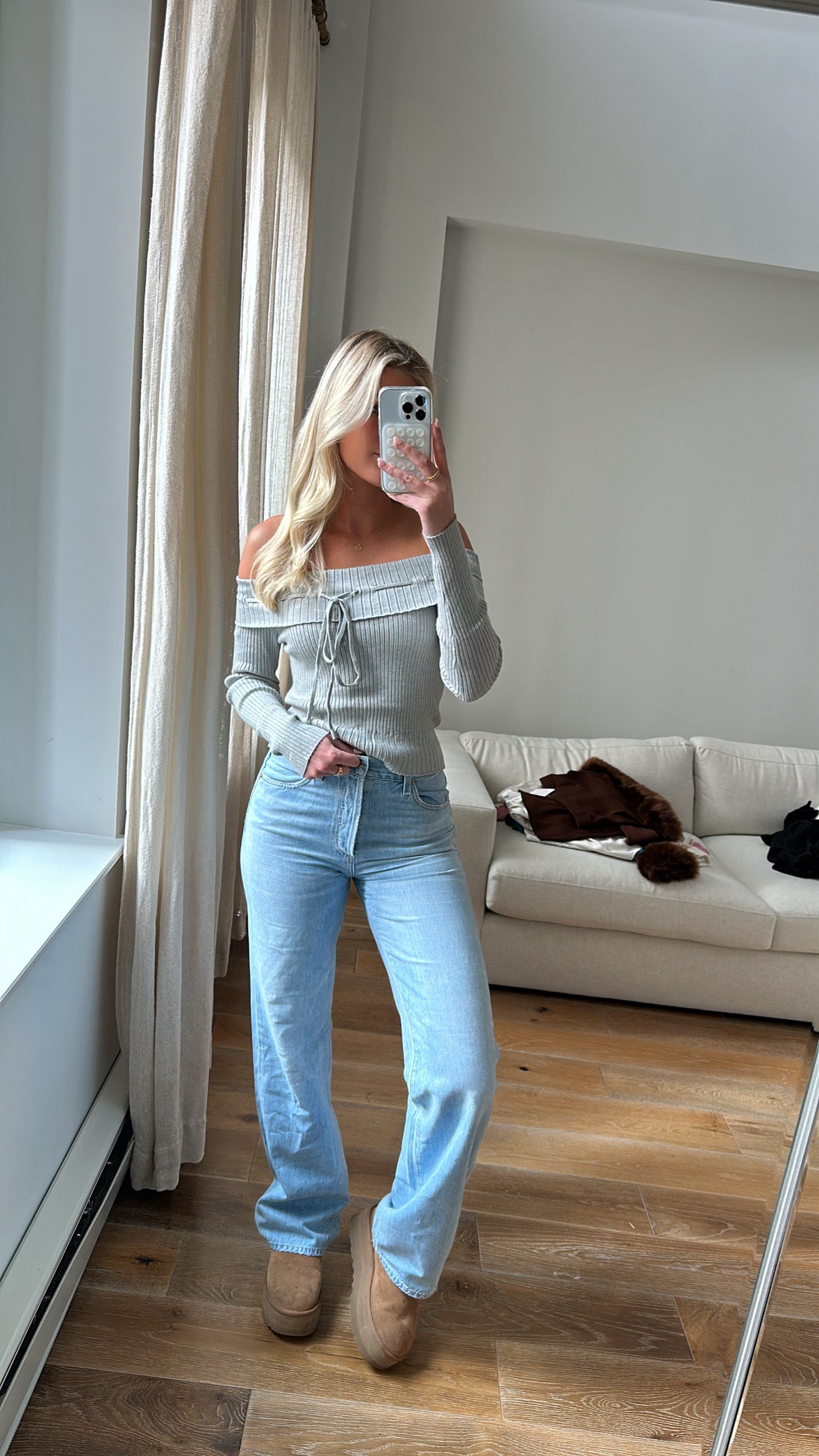 Off The Shoulder Gray Long Sleeve Knit Ribbed Top