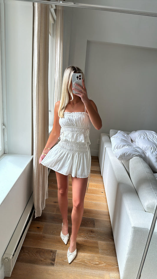 White Ruched Top And Mini Skirt Set