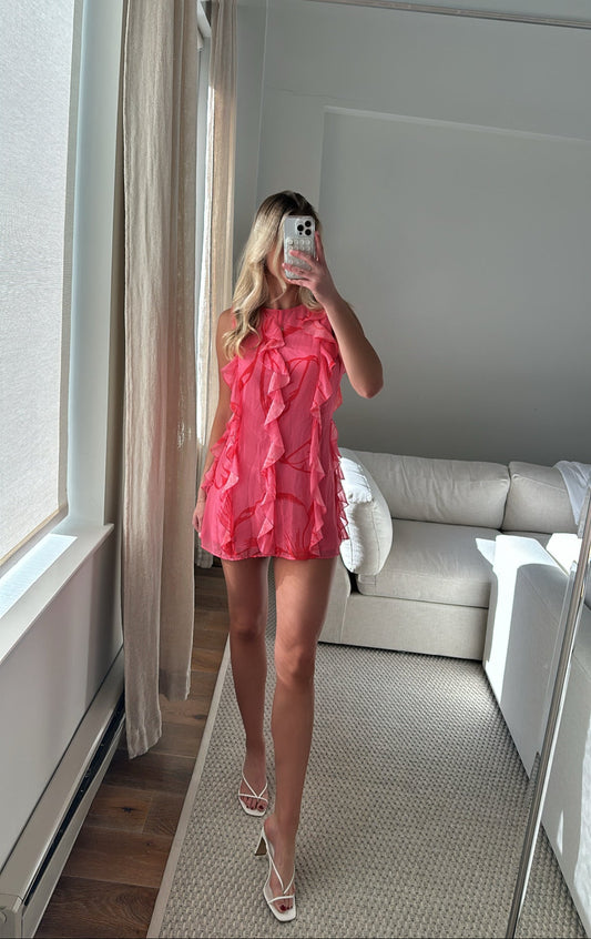 Hutch Pink Ruffle High Neck Mini Dress