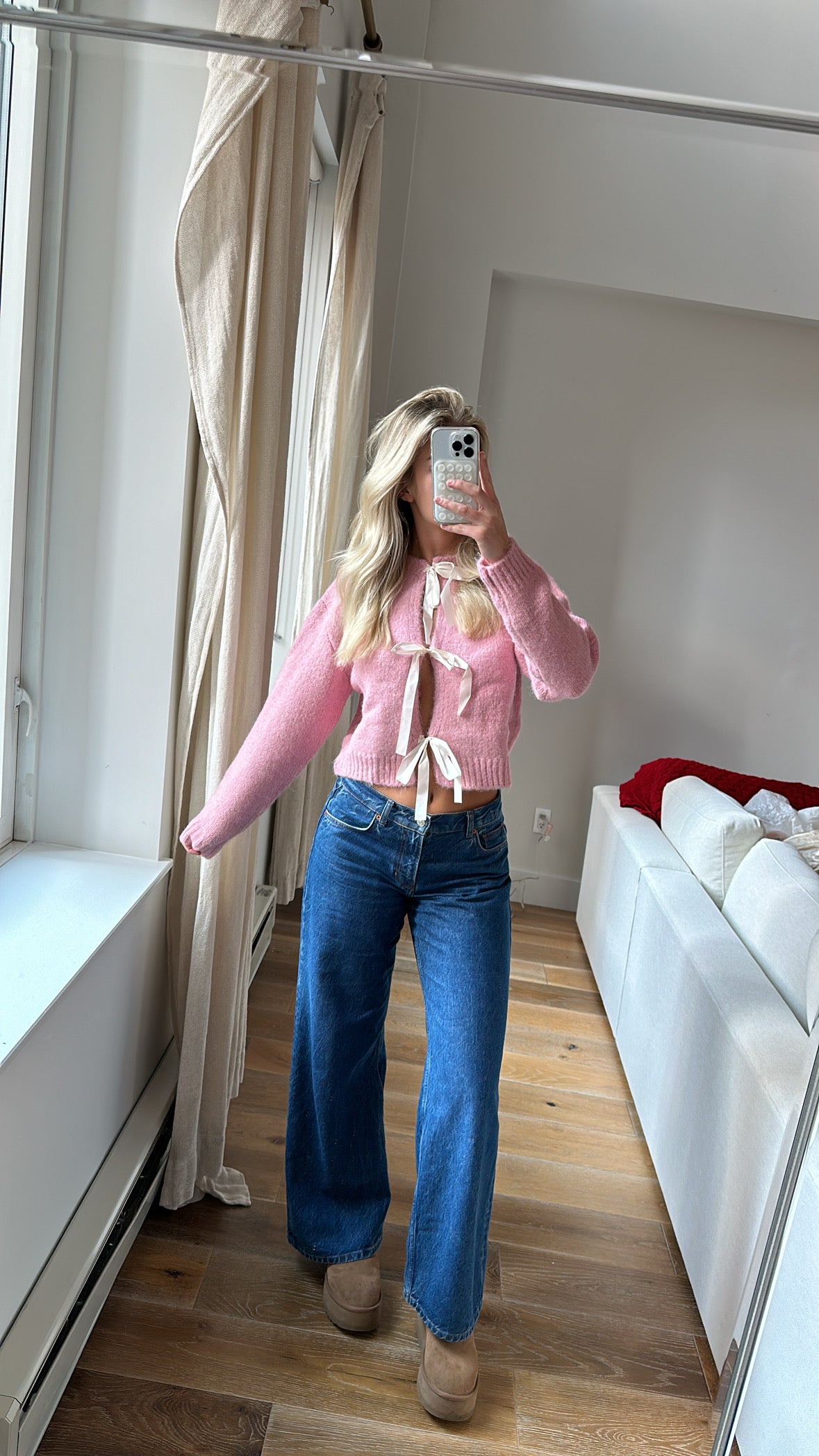 Baby Pink Sweater With Bow Ribbon Ties