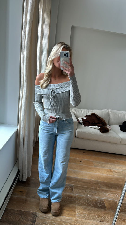 Off The Shoulder Gray Long Sleeve Knit Ribbed Top