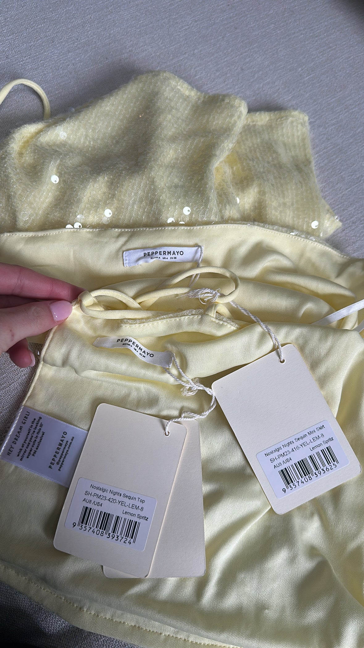 Pepper Mayo Yellow Sequin Top And Mini Skirt Set
