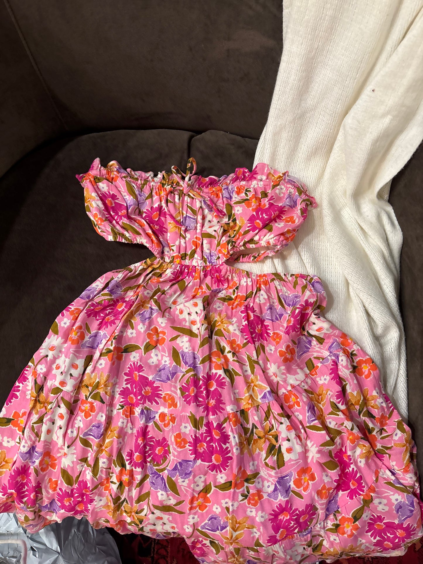 Sky to Moon strapless pink and floral mini dress