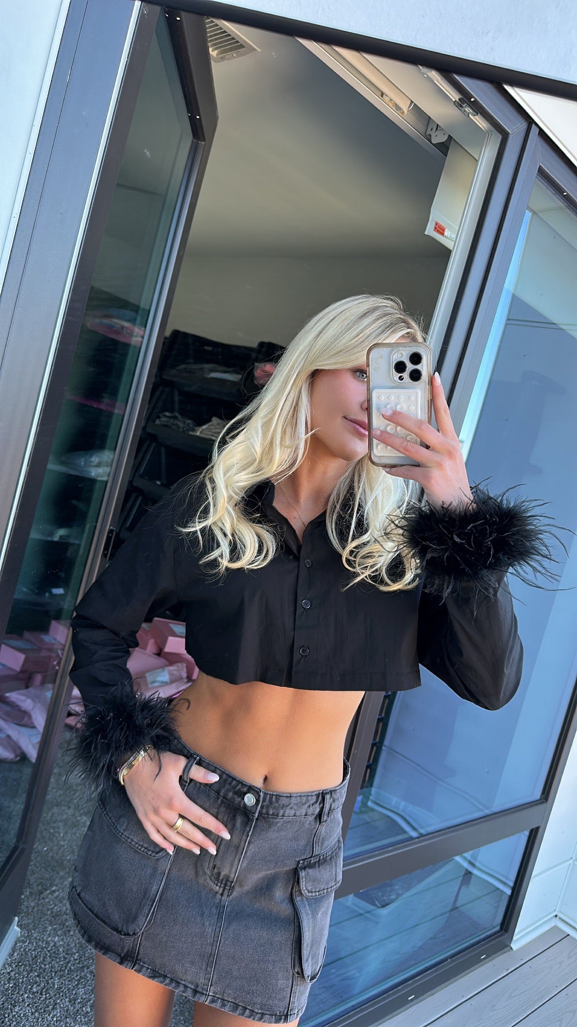 Lauren Black Feather Button Down Cropped Shirt