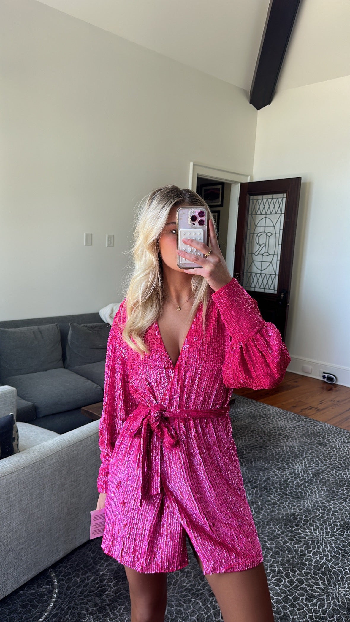 Hot Pink Sequin Wrap Long Sleeve Mini Dress